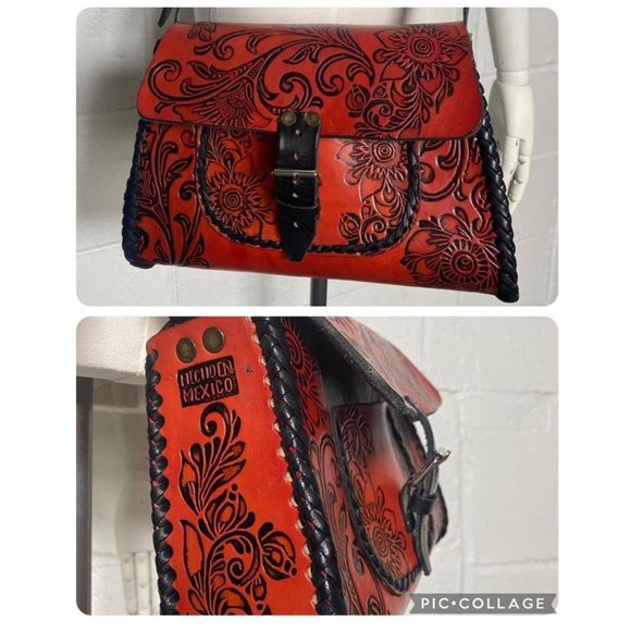 Vintage Orange Hand Tooled Leather Crossbody Bag - Picture 2 of 4